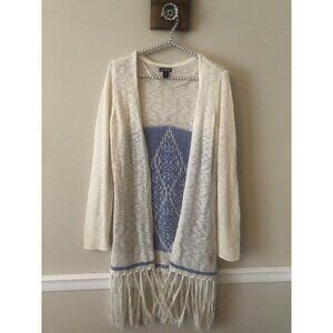 Joe Boxer Juniors Size Medium Cream Blue Fringed Sweater Long Sleeve Lightweight